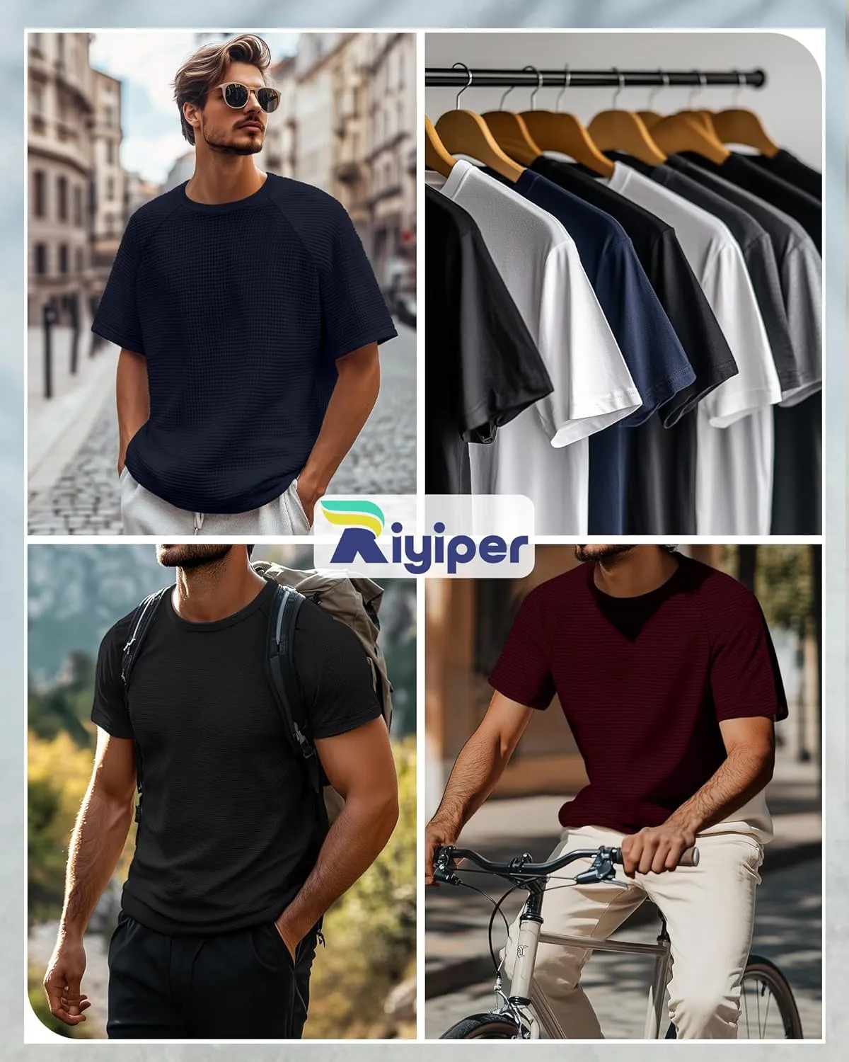 Riyiper 3 Pack Men's Waffle Knitted Short Sleeve Crewneck T-Shirts Solid Raglan Sleeve Casual Pullover Tees