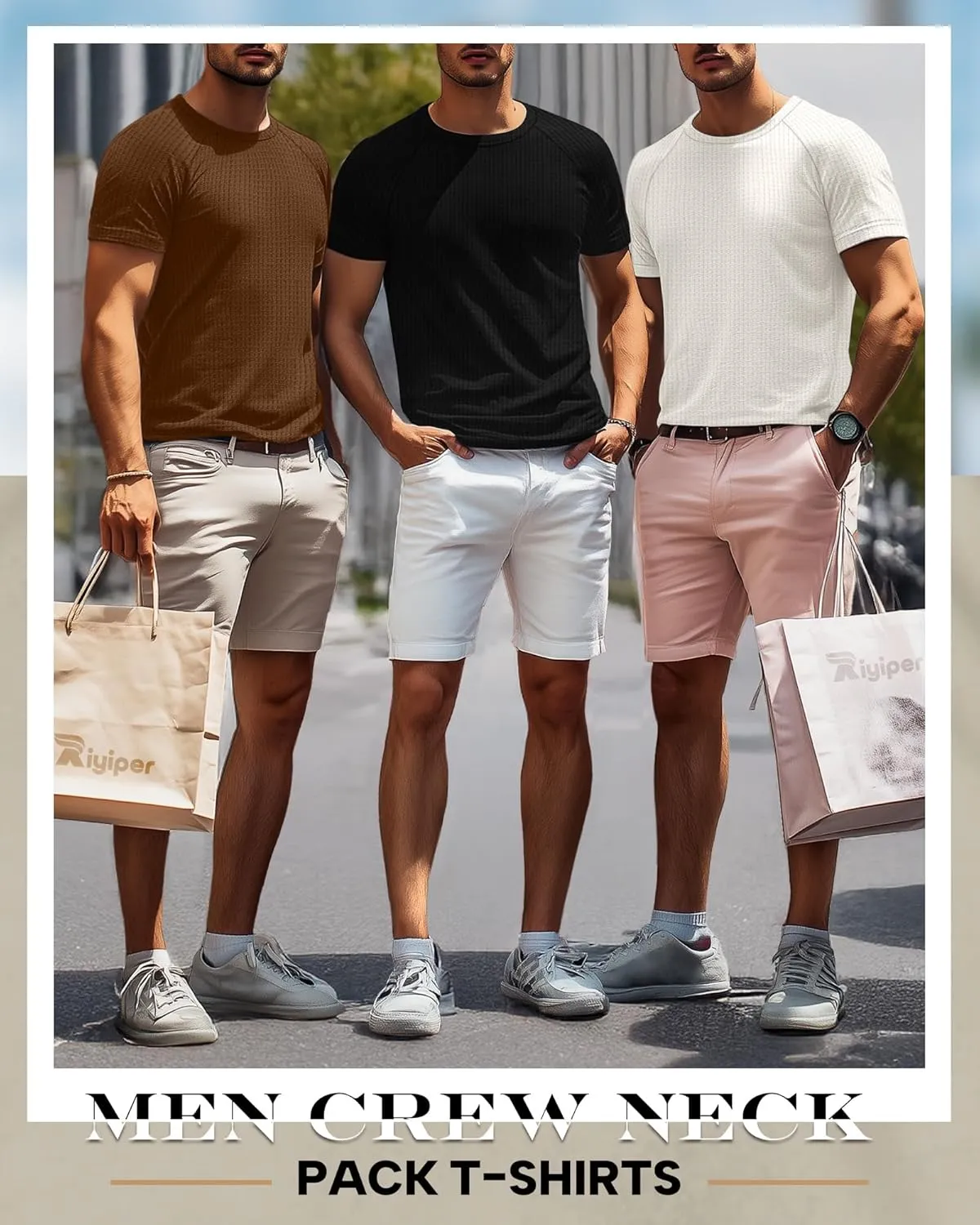 Riyiper 3 Pack Men's Waffle Knitted Short Sleeve Crewneck T-Shirts Solid Raglan Sleeve Casual Pullover Tees
