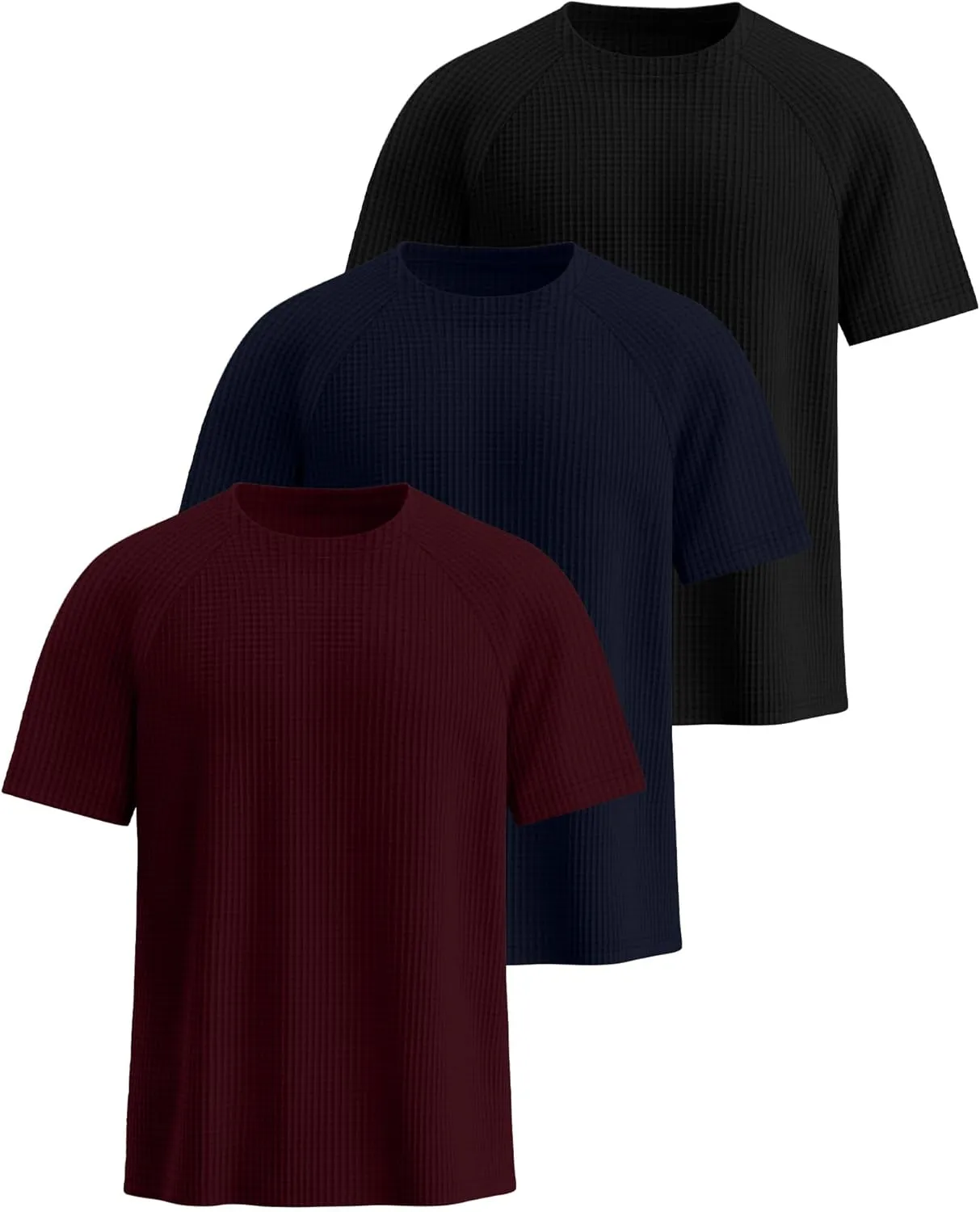 Riyiper 3 Pack Men's Waffle Knitted Short Sleeve Crewneck T-Shirts Solid Raglan Sleeve Casual Pullover Tees
