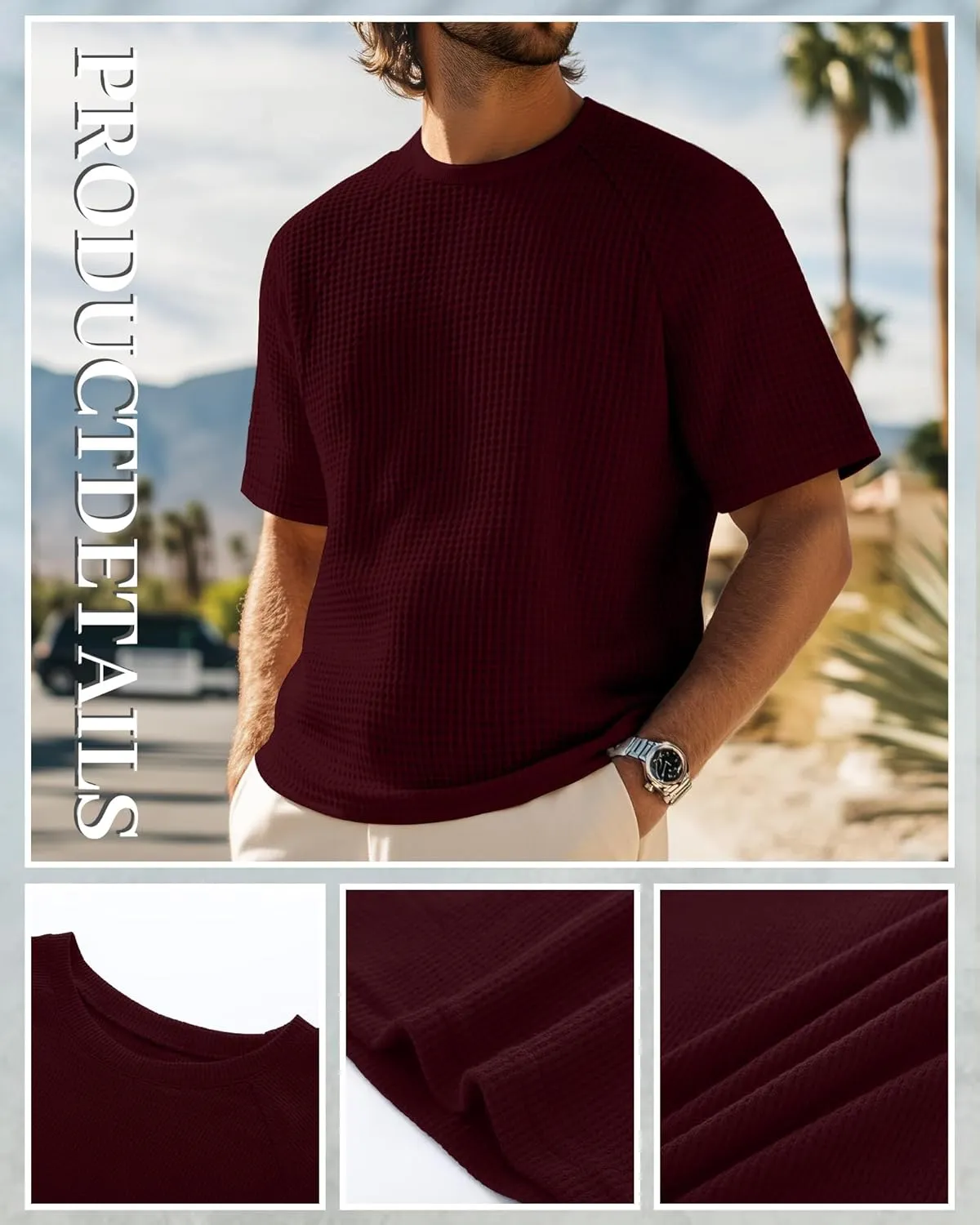 Riyiper 3 Pack Men's Waffle Knitted Short Sleeve Crewneck T-Shirts Solid Raglan Sleeve Casual Pullover Tees