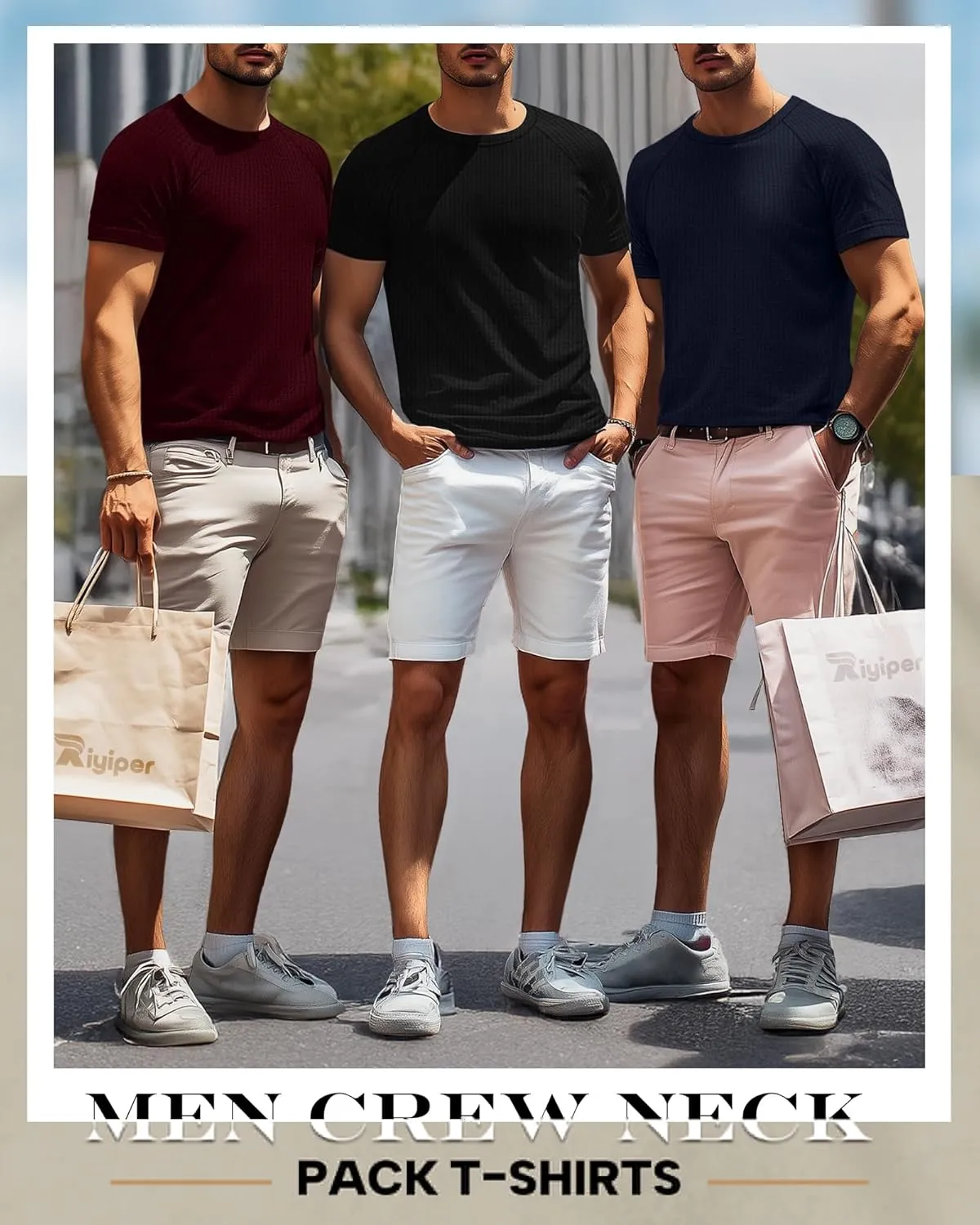 Riyiper 3 Pack Men's Waffle Knitted Short Sleeve Crewneck T-Shirts Solid Raglan Sleeve Casual Pullover Tees