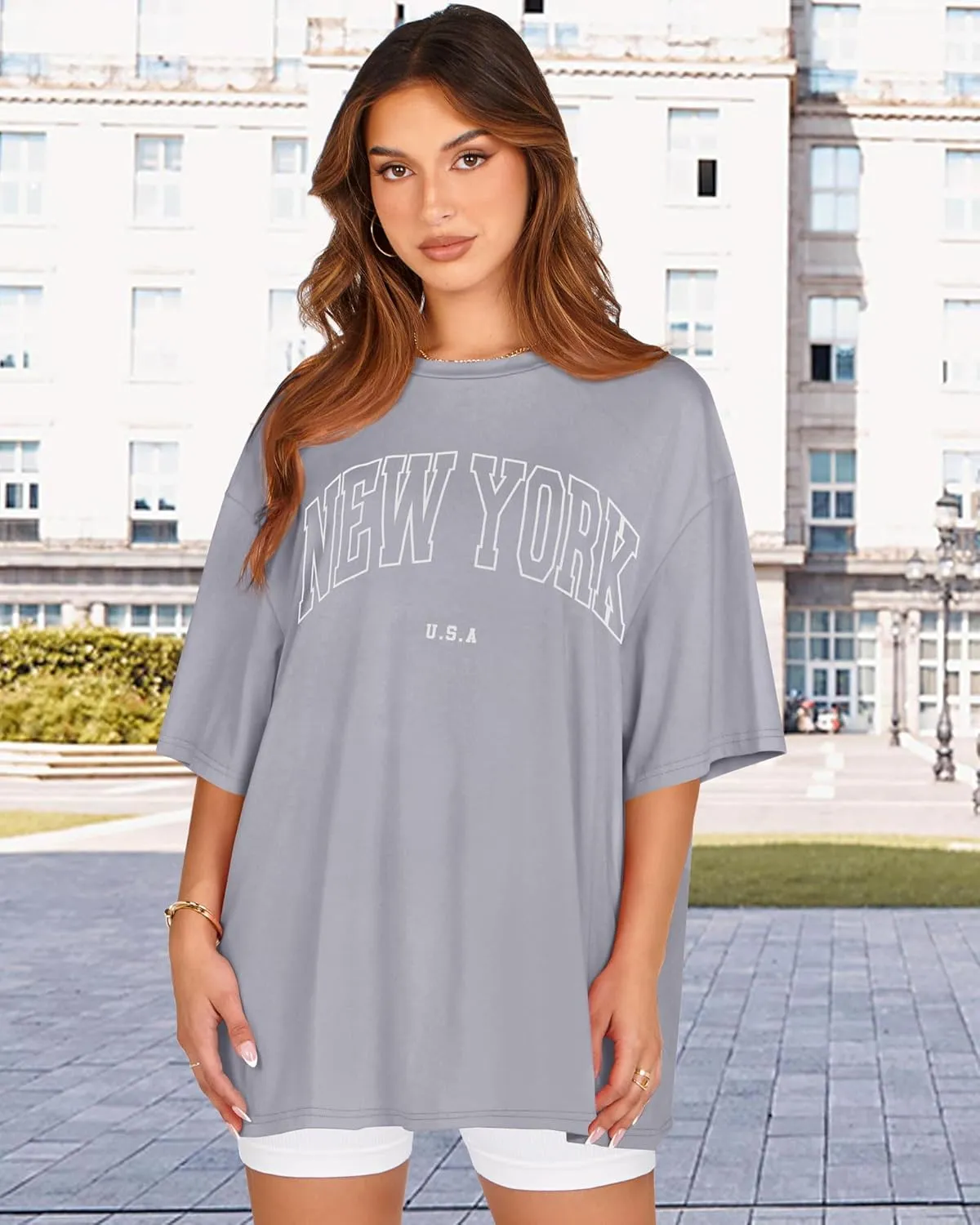rosemia Oversized Tshirts for Women Summer Short Sleeve Round Neck Graphic Tee Shirt