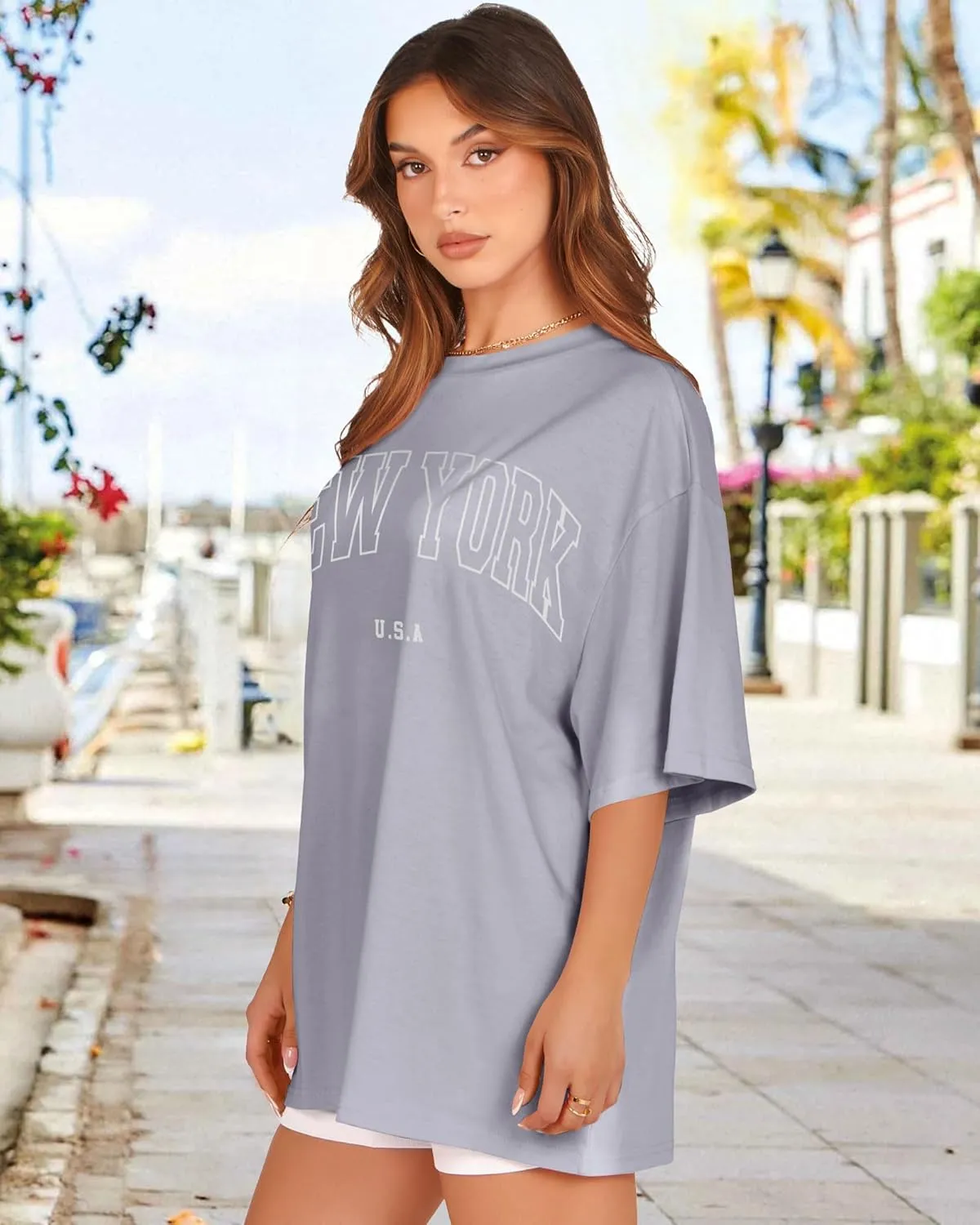 rosemia Oversized Tshirts for Women Summer Short Sleeve Round Neck Graphic Tee Shirt