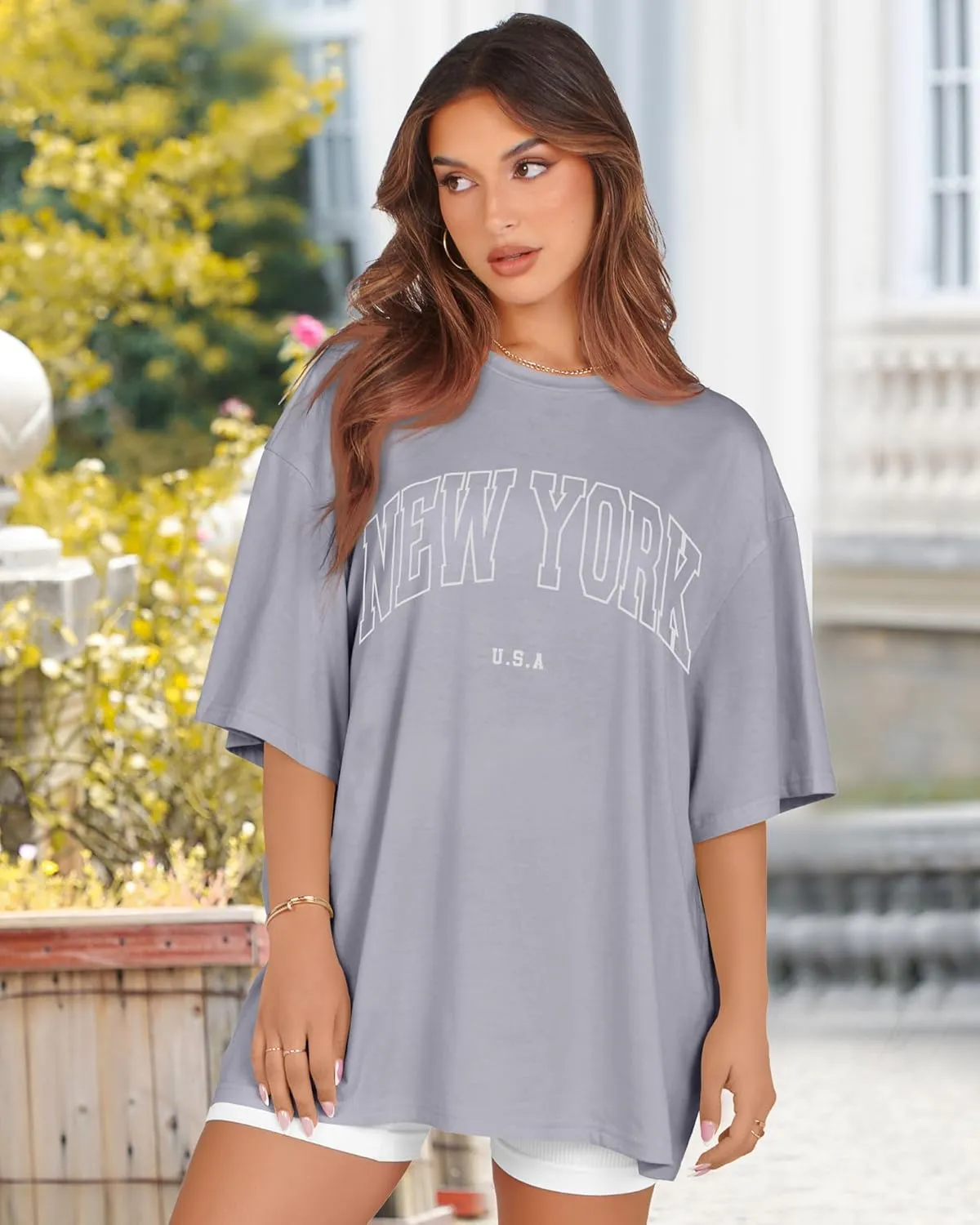 rosemia Oversized Tshirts for Women Summer Short Sleeve Round Neck Graphic Tee Shirt