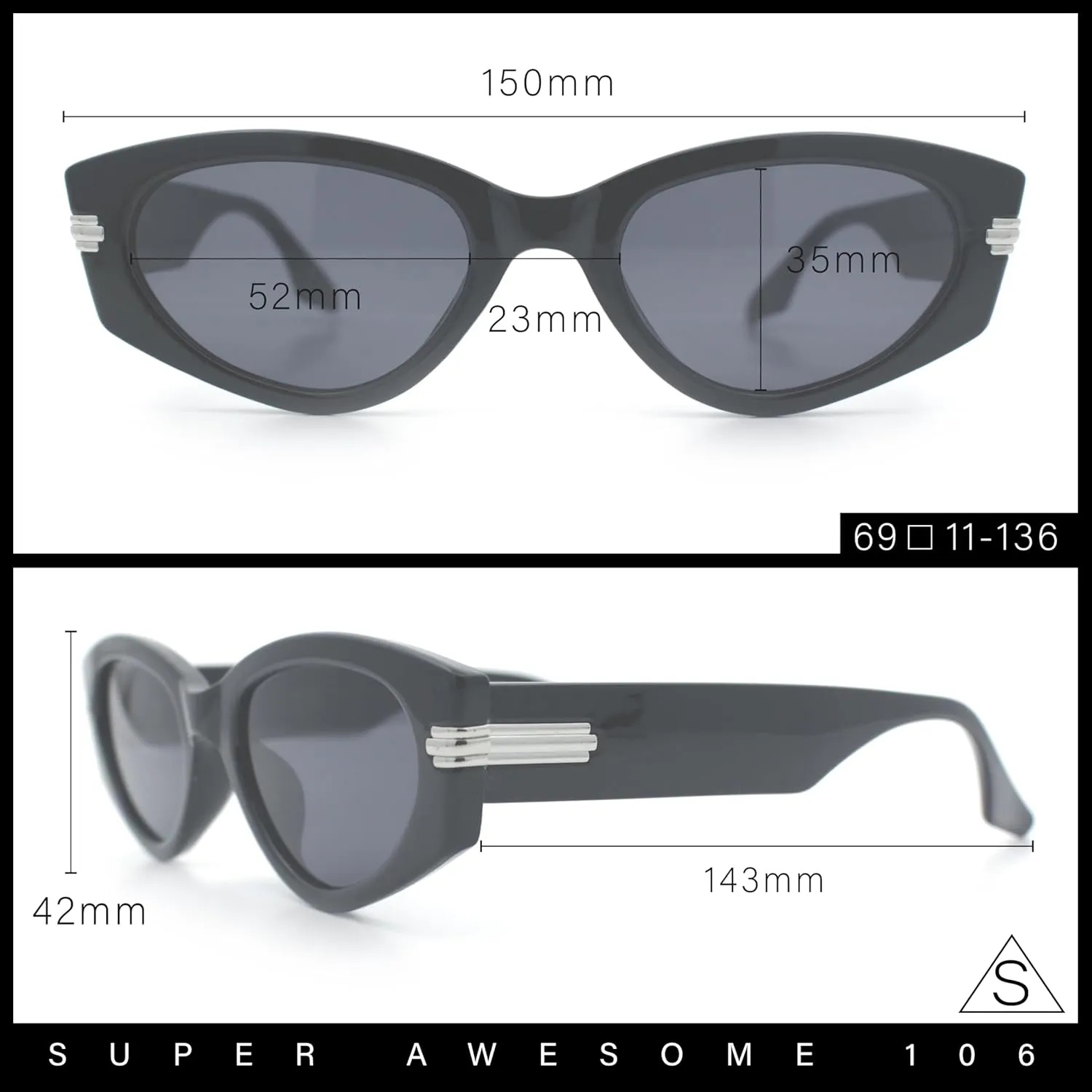 SA106 Womens Art Deco Mod Thick Temple Cat Eye Sunglasses