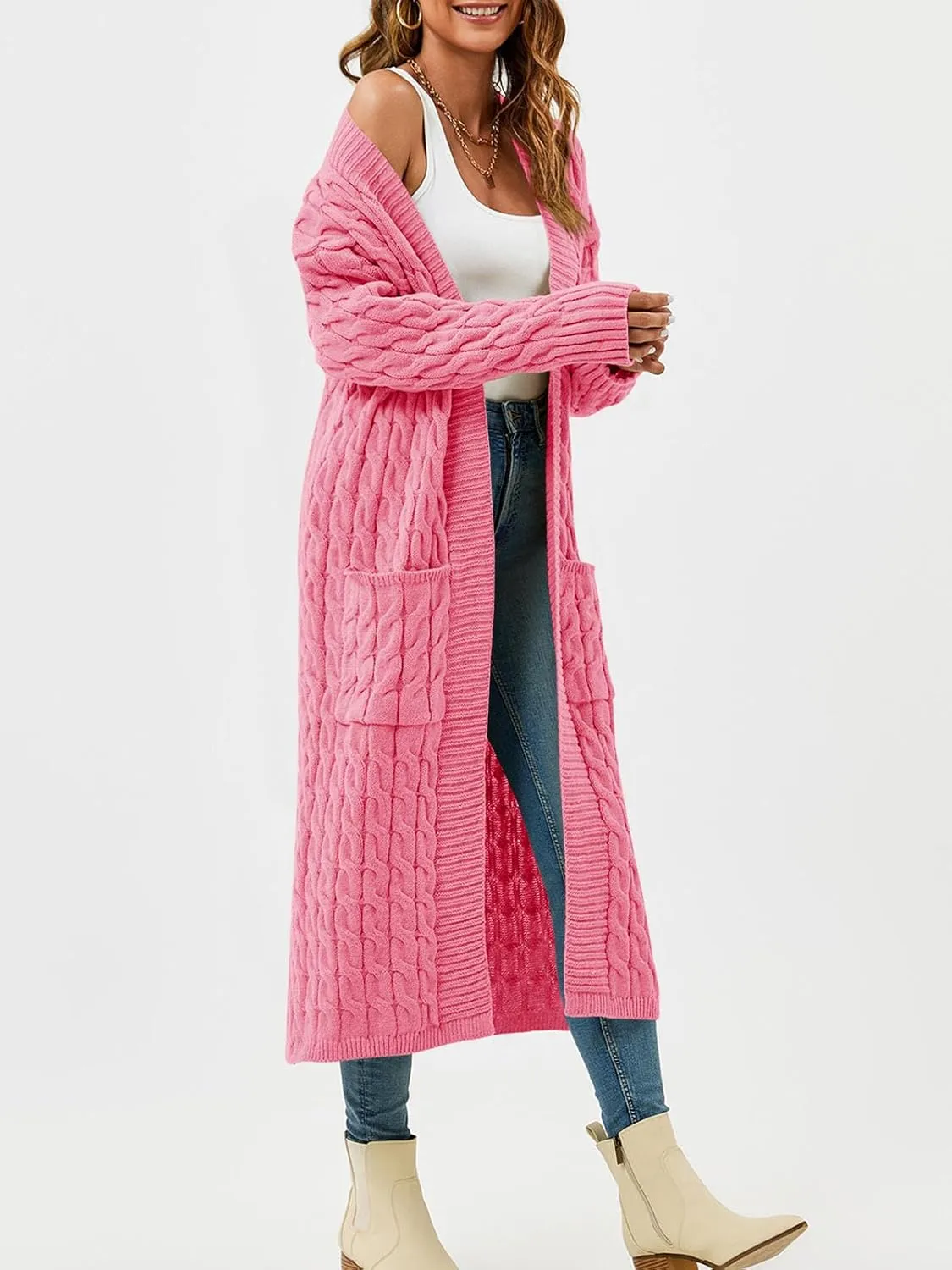 Saodimallsu Womens Open Front Long Cardigan Oversized Long Sleeve Loose Cable Knit Chunky Fall Sweater Coat with Pockets