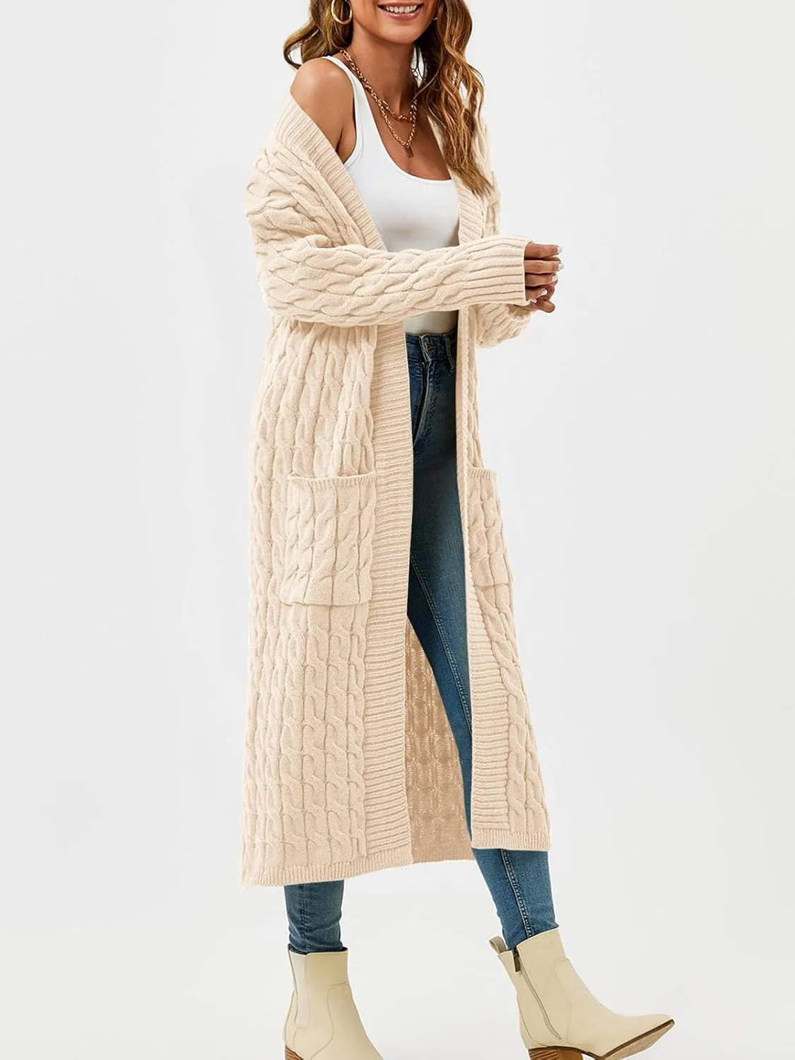 Saodimallsu Womens Open Front Long Cardigan Oversized Long Sleeve Loose Cable Knit Chunky Fall Sweater Coat with Pockets