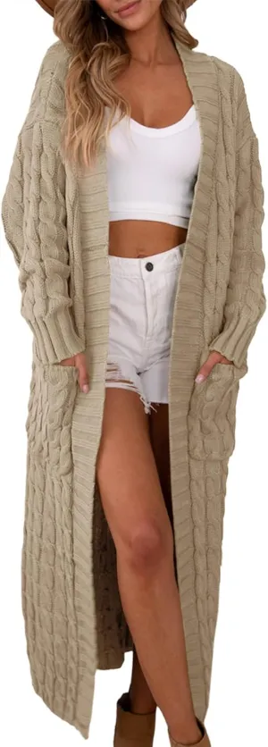 Saodimallsu Womens Open Front Long Cardigan Oversized Long Sleeve Loose Cable Knit Chunky Fall Sweater Coat with Pockets