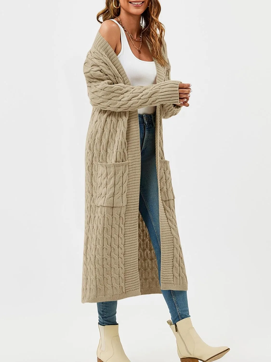 Saodimallsu Womens Open Front Long Cardigan Oversized Long Sleeve Loose Cable Knit Chunky Fall Sweater Coat with Pockets