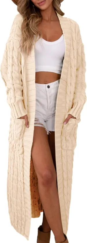 Saodimallsu Womens Open Front Long Cardigan Oversized Long Sleeve Loose Cable Knit Chunky Fall Sweater Coat with Pockets