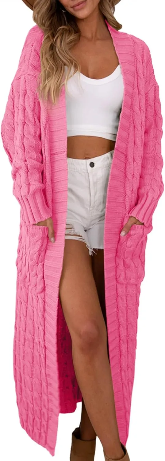 Saodimallsu Womens Open Front Long Cardigan Oversized Long Sleeve Loose Cable Knit Chunky Fall Sweater Coat with Pockets