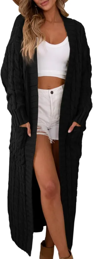 Saodimallsu Womens Open Front Long Cardigan Oversized Long Sleeve Loose Cable Knit Chunky Fall Sweater Coat with Pockets