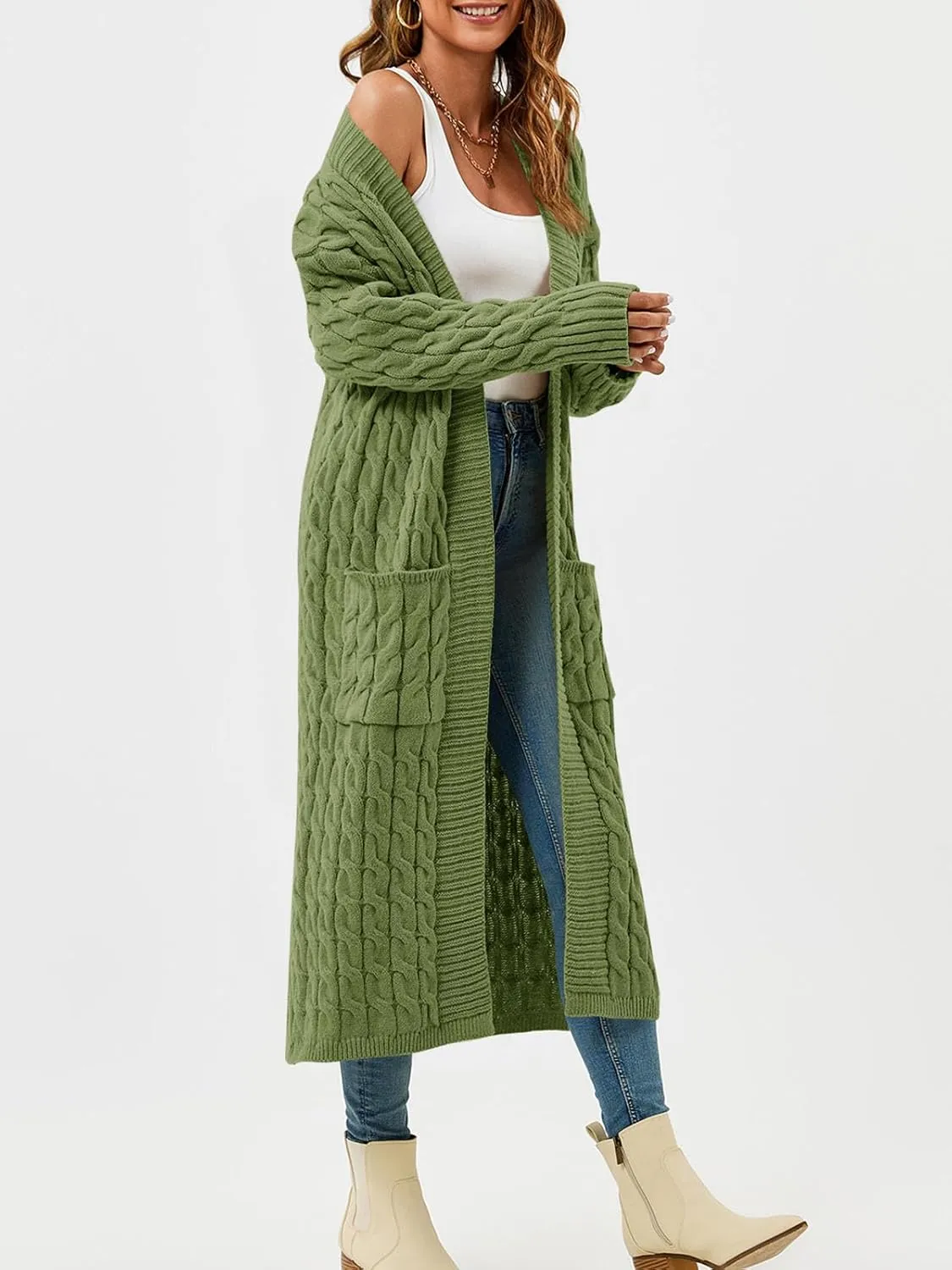 Saodimallsu Womens Open Front Long Cardigan Oversized Long Sleeve Loose Cable Knit Chunky Fall Sweater Coat with Pockets