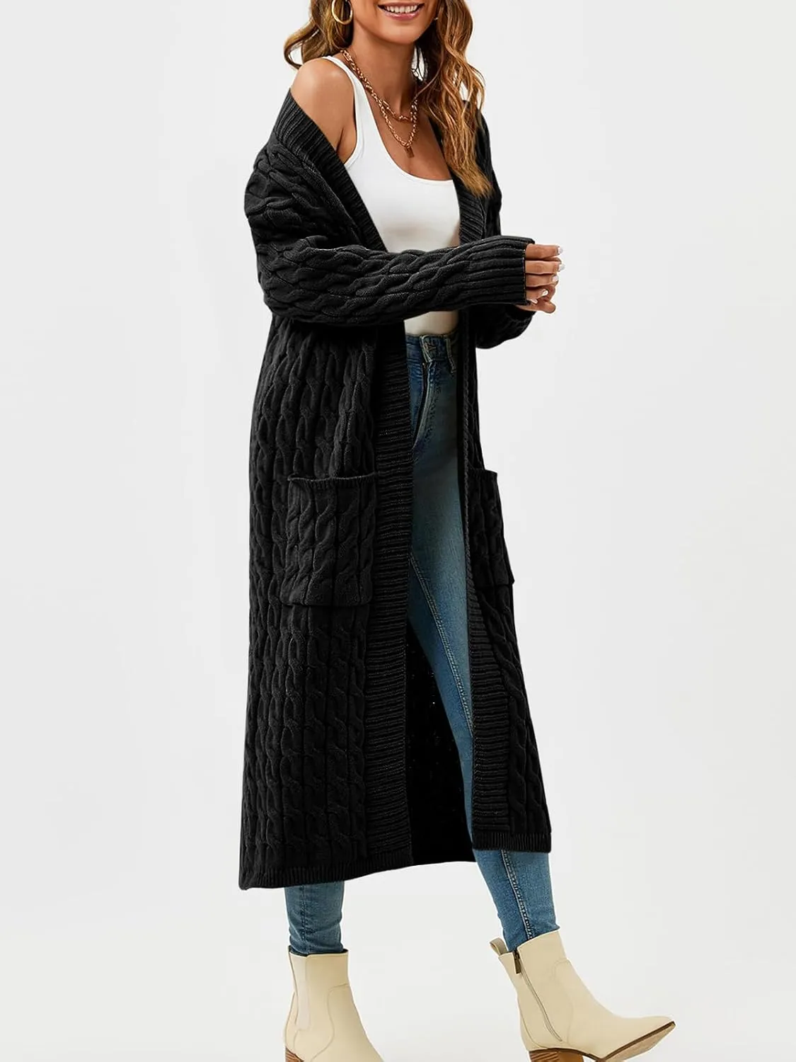 Saodimallsu Womens Open Front Long Cardigan Oversized Long Sleeve Loose Cable Knit Chunky Fall Sweater Coat with Pockets