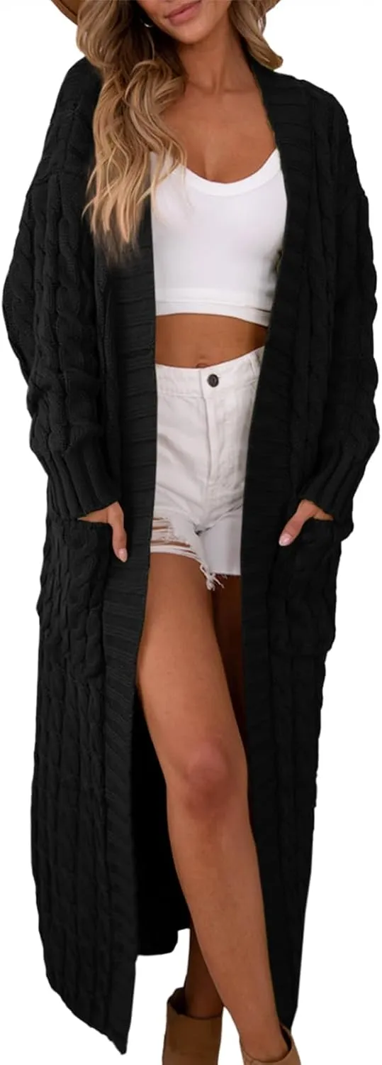 Saodimallsu Womens Open Front Long Cardigan Oversized Long Sleeve Loose Cable Knit Chunky Fall Sweater Coat with Pockets