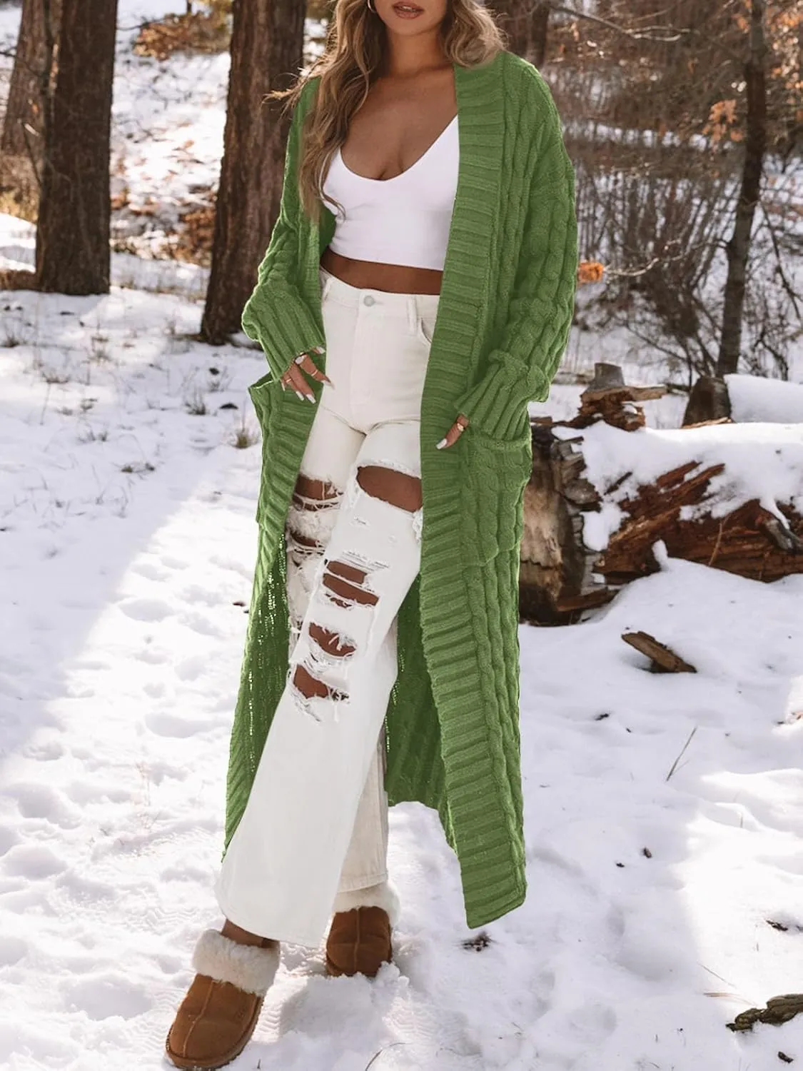 Saodimallsu Womens Open Front Long Cardigan Oversized Long Sleeve Loose Cable Knit Chunky Fall Sweater Coat with Pockets