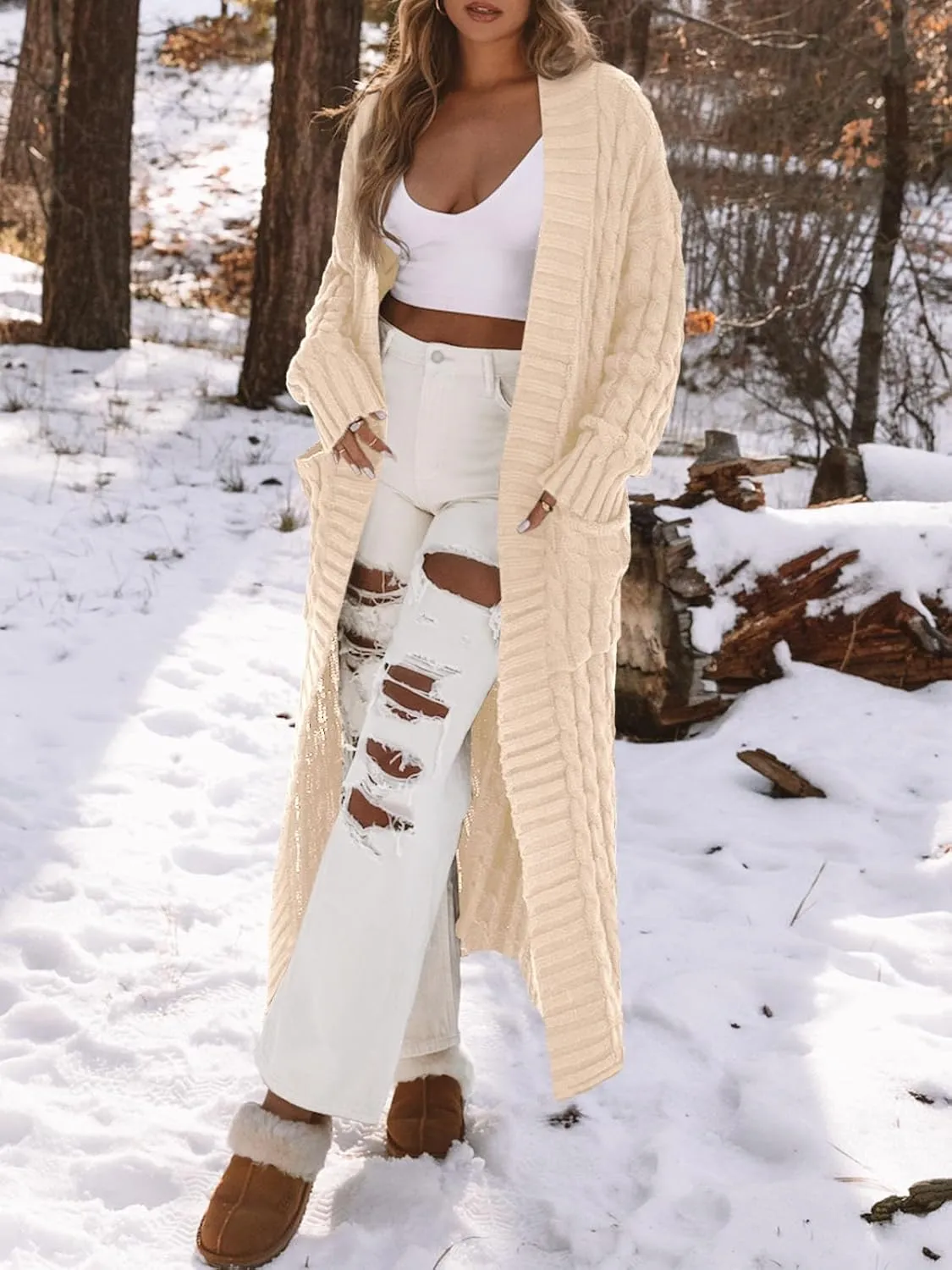 Saodimallsu Womens Open Front Long Cardigan Oversized Long Sleeve Loose Cable Knit Chunky Fall Sweater Coat with Pockets