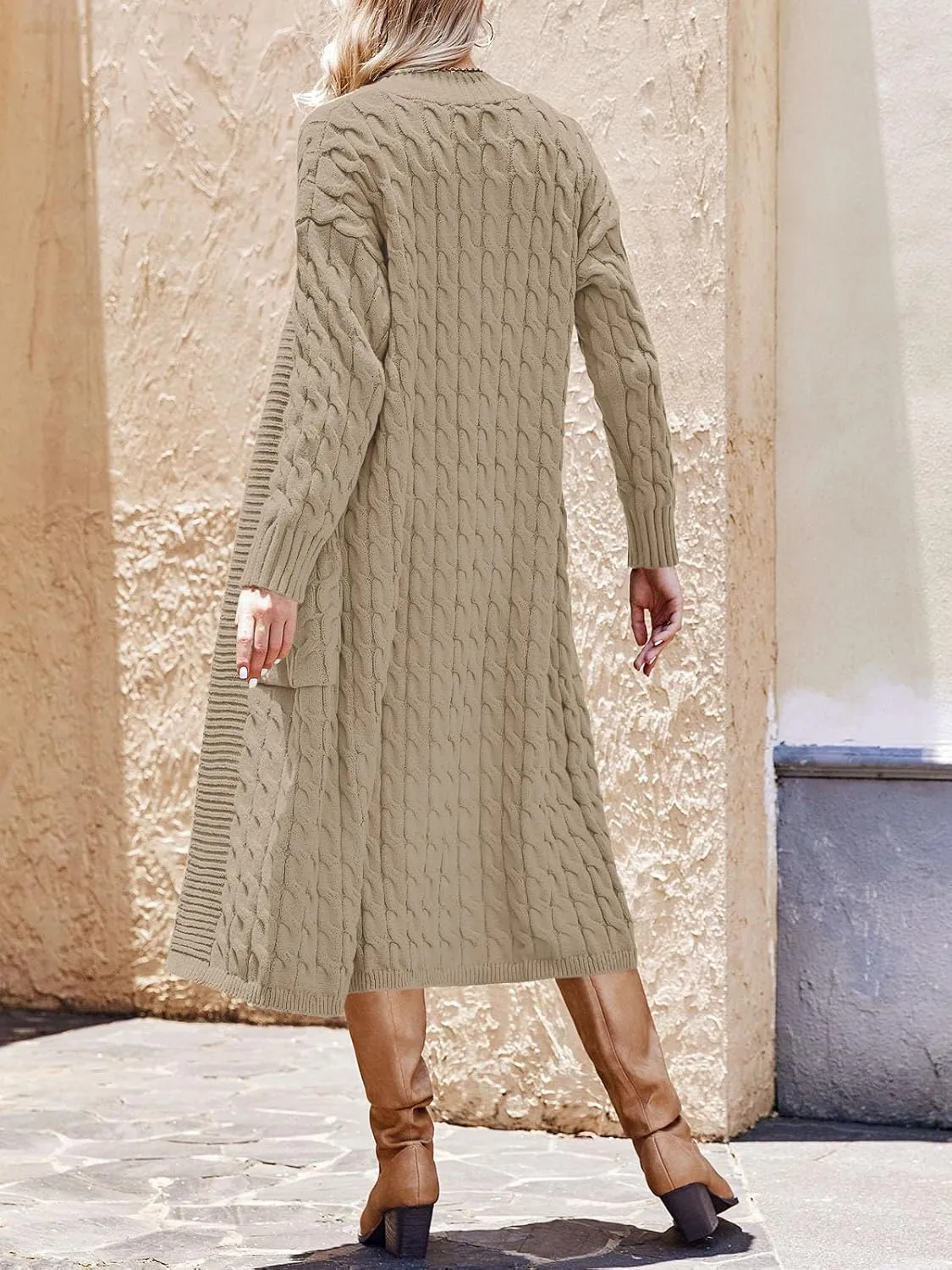 Saodimallsu Womens Open Front Long Cardigan Oversized Long Sleeve Loose Cable Knit Chunky Fall Sweater Coat with Pockets