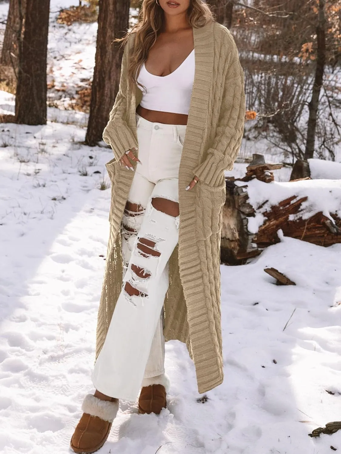 Saodimallsu Womens Open Front Long Cardigan Oversized Long Sleeve Loose Cable Knit Chunky Fall Sweater Coat with Pockets