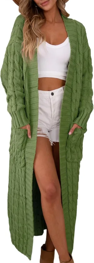 Saodimallsu Womens Open Front Long Cardigan Oversized Long Sleeve Loose Cable Knit Chunky Fall Sweater Coat with Pockets