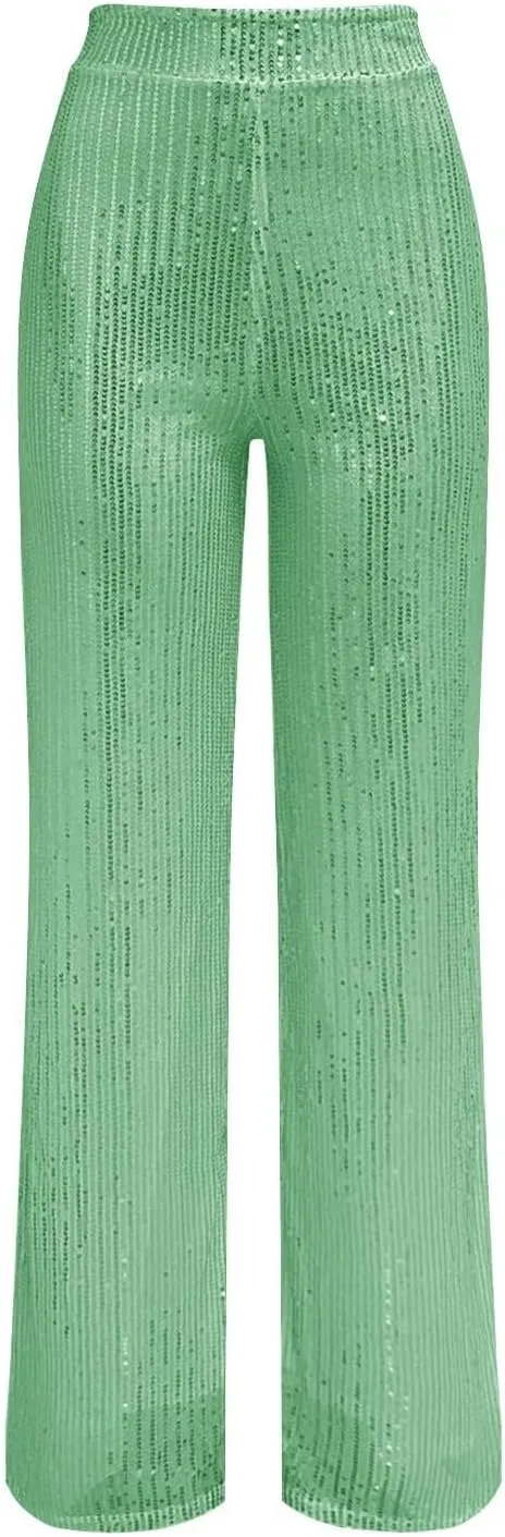 Sequin Pants Women Fashion High Waist Pant Sparkly Wide Leg Trousers Elastic Loose Side Zipper Shiny Pants