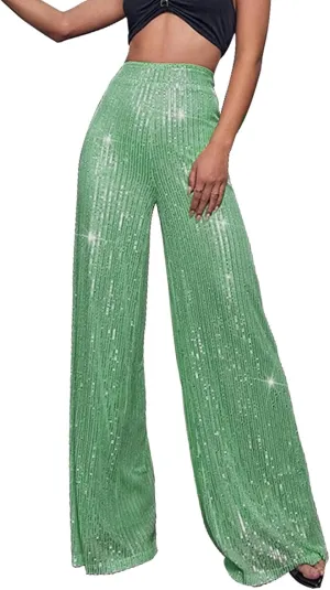 Sequin Pants Women Fashion High Waist Pant Sparkly Wide Leg Trousers Elastic Loose Side Zipper Shiny Pants