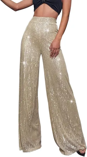 Sequin Pants Women Fashion High Waist Pant Sparkly Wide Leg Trousers Elastic Loose Side Zipper Shiny Pants
