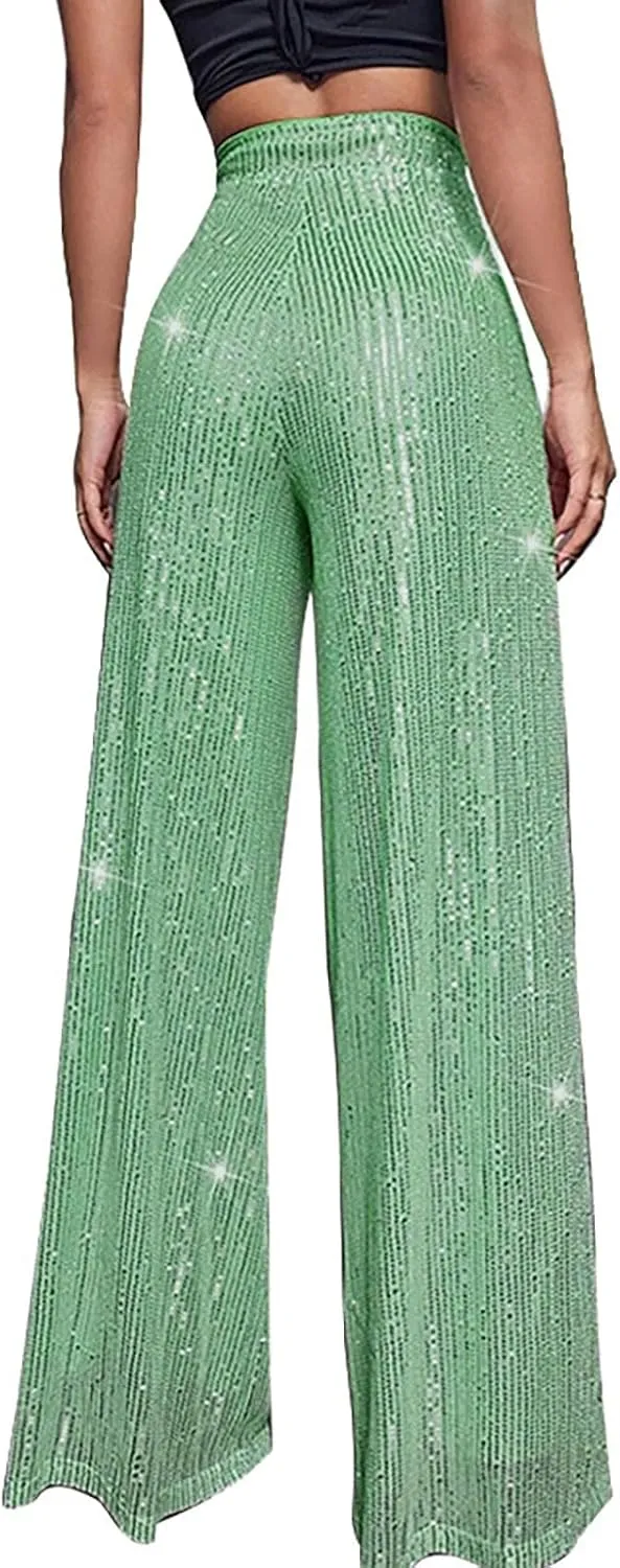 Sequin Pants Women Fashion High Waist Pant Sparkly Wide Leg Trousers Elastic Loose Side Zipper Shiny Pants