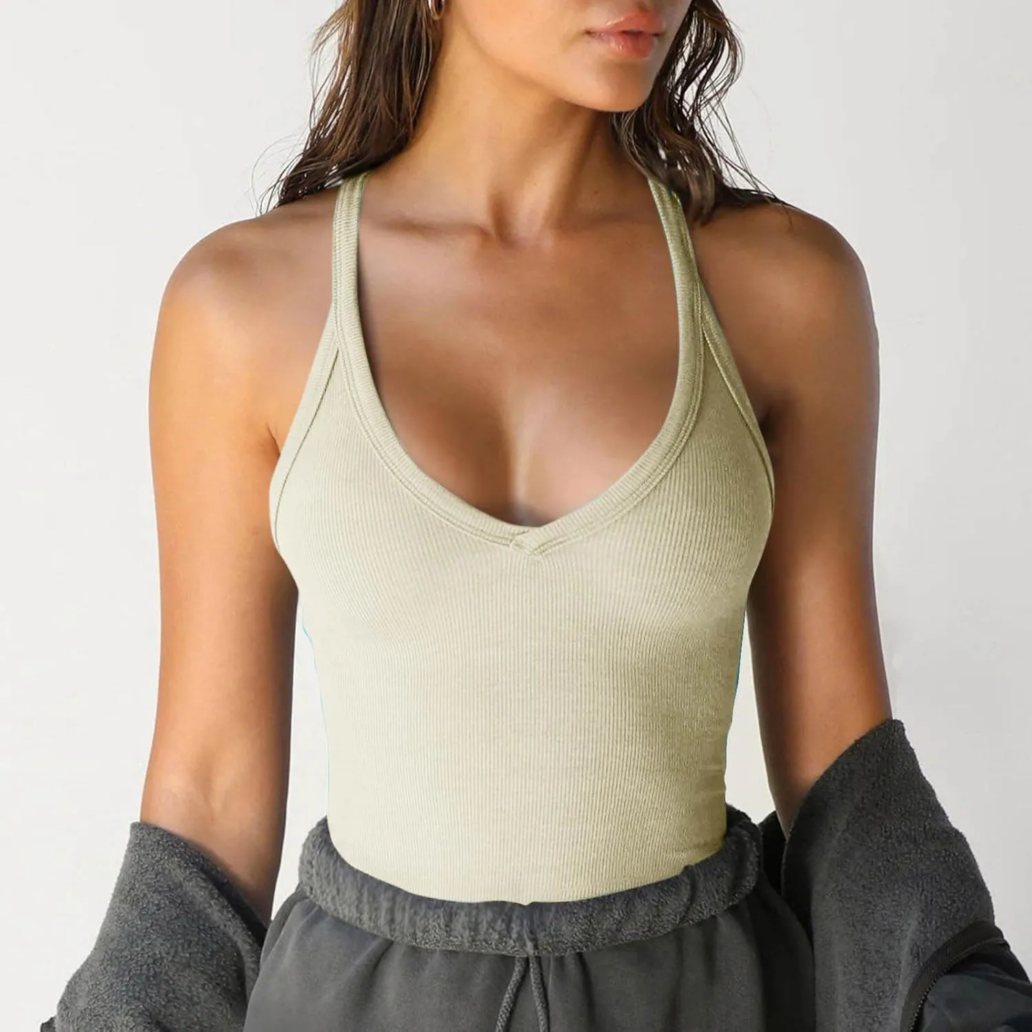 Sexy Deep V Neck Ribbed Cami Tops for Women Summer Racer Back Yoga Workout Tanks Casual Slim Sleeveless Y2K Camisole