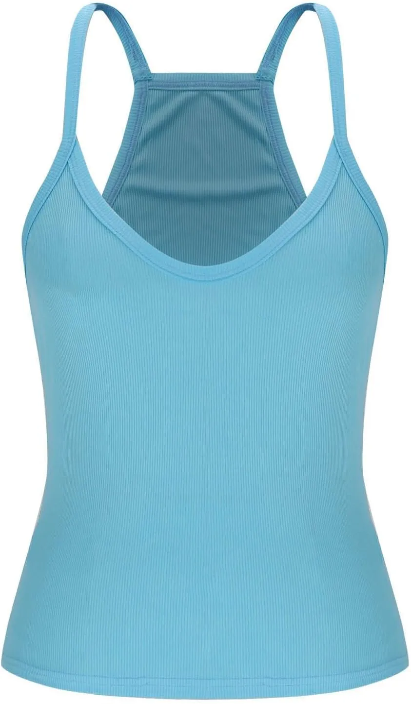 Sexy Deep V Neck Ribbed Cami Tops for Women Summer Racer Back Yoga Workout Tanks Casual Slim Sleeveless Y2K Camisole