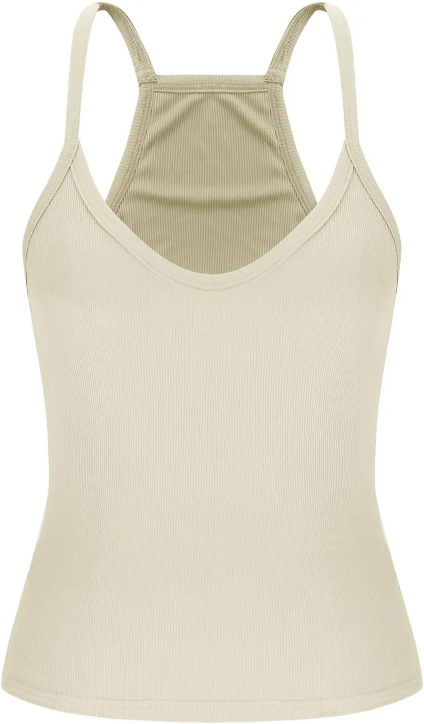 Sexy Deep V Neck Ribbed Cami Tops for Women Summer Racer Back Yoga Workout Tanks Casual Slim Sleeveless Y2K Camisole