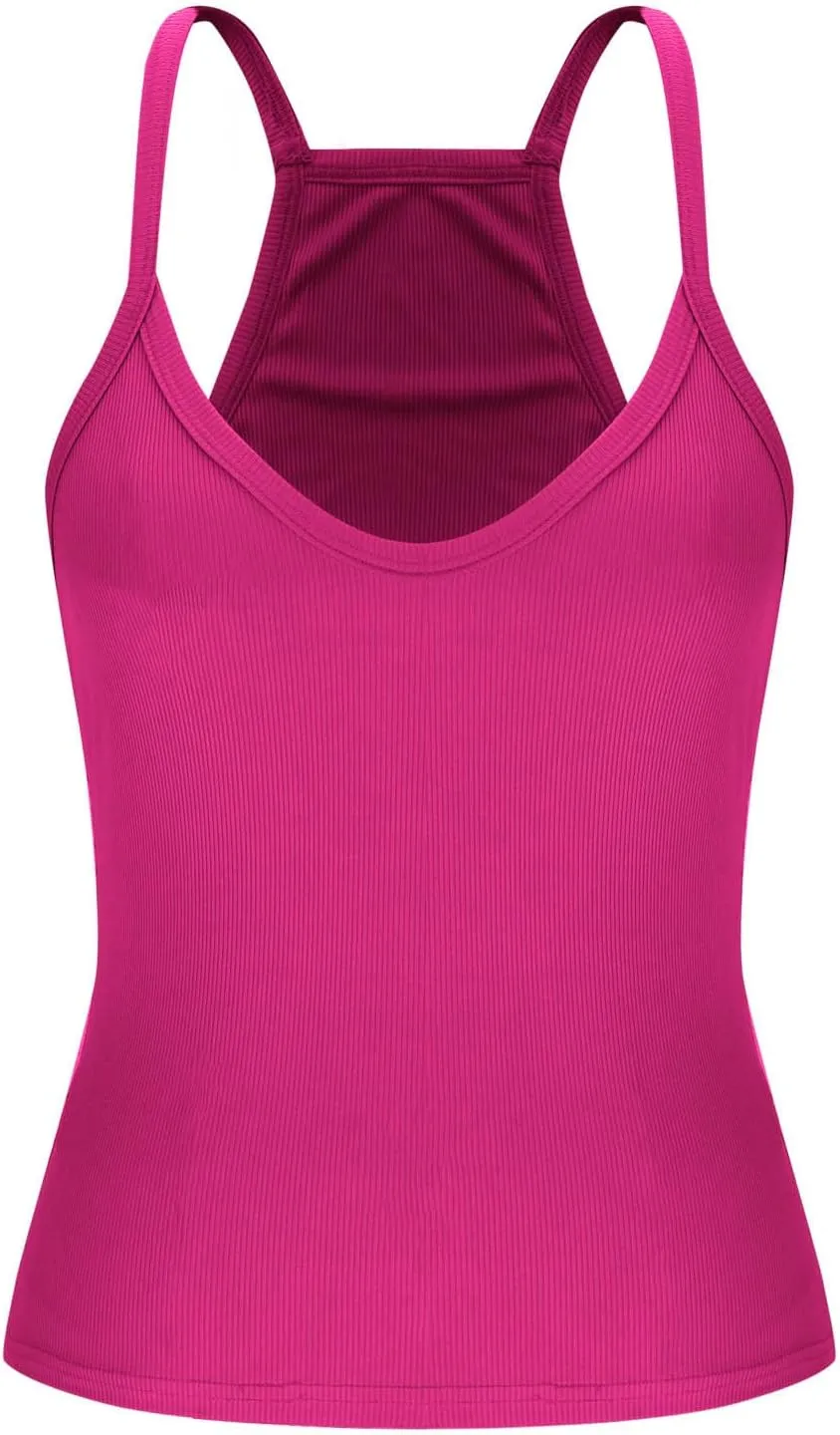 Sexy Deep V Neck Ribbed Cami Tops for Women Summer Racer Back Yoga Workout Tanks Casual Slim Sleeveless Y2K Camisole