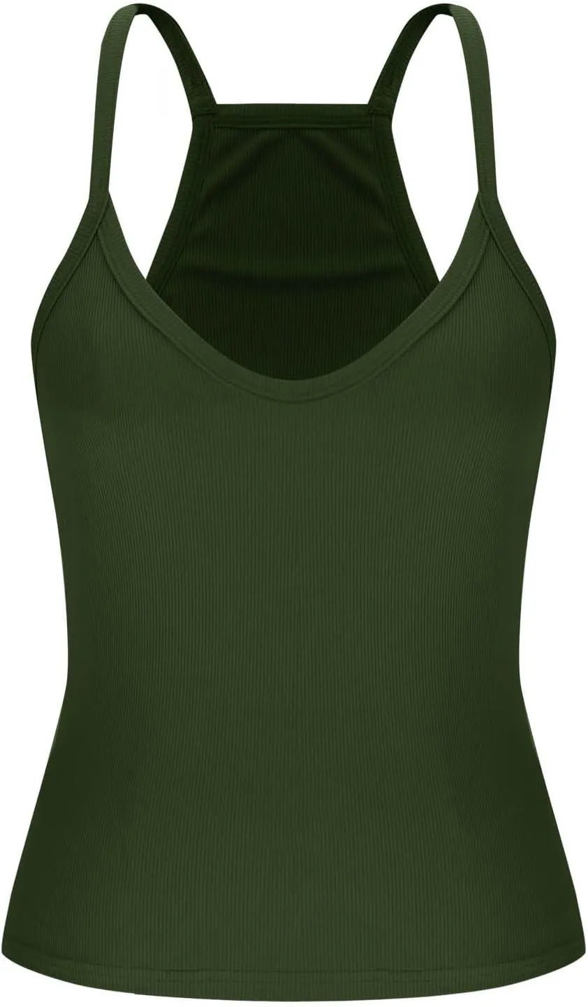 Sexy Deep V Neck Ribbed Cami Tops for Women Summer Racer Back Yoga Workout Tanks Casual Slim Sleeveless Y2K Camisole