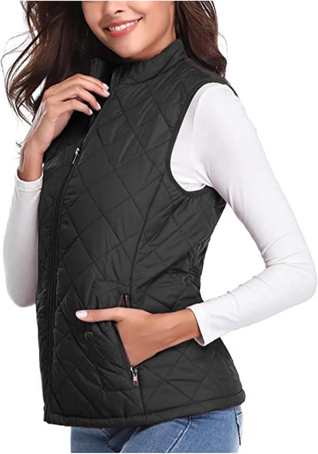 SHOPESSA Quilted Vests for Women Lightweight Stand Collar Down Coat Zip Up Women Padded Gilet with Pockets Thin Puffer Vest