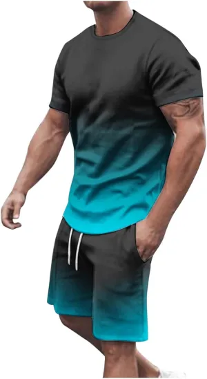 Sinzelimin Sport Casual Set for Men Two Piece Tracksuit O-Neck Short Sleeves Tees Shirts Shorts Sweatpant Jogger Workout Suit