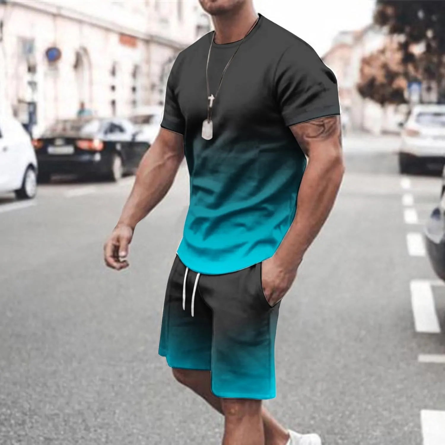 Sinzelimin Sport Casual Set for Men Two Piece Tracksuit O-Neck Short Sleeves Tees Shirts Shorts Sweatpant Jogger Workout Suit