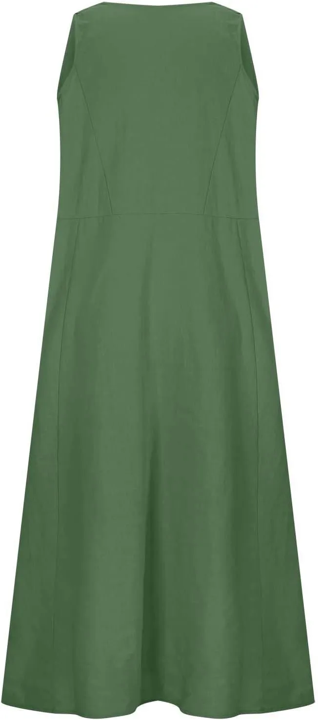 SMIDOW Cotton Linen Long Dresses for Women Casual Summer 2023 Beach Flowy Tshirt Sundress Sleeveless Tank Dress with Pockets