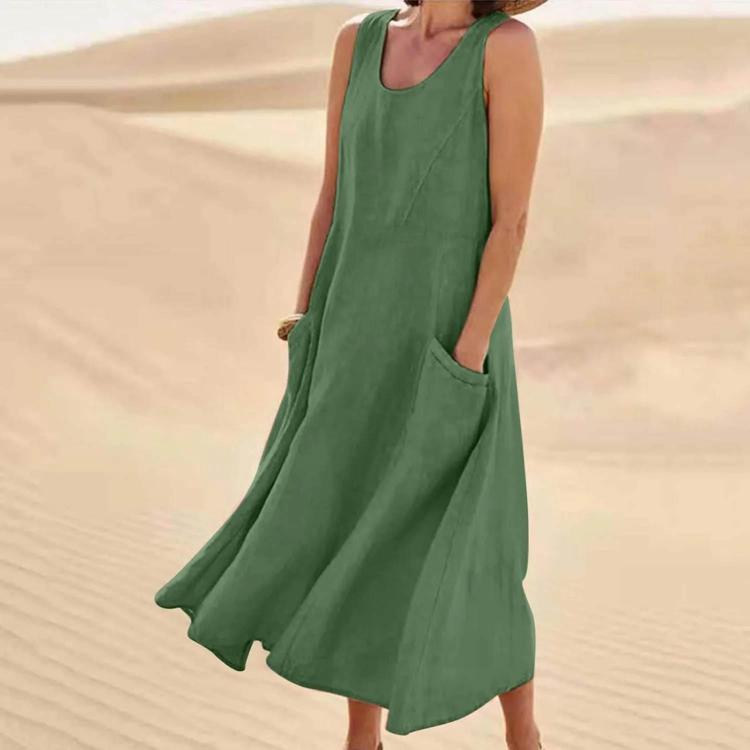 SMIDOW Cotton Linen Long Dresses for Women Casual Summer 2023 Beach Flowy Tshirt Sundress Sleeveless Tank Dress with Pockets