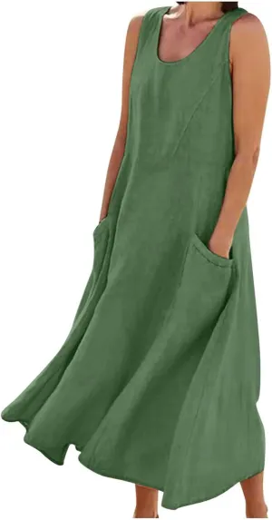 SMIDOW Cotton Linen Long Dresses for Women Casual Summer 2023 Beach Flowy Tshirt Sundress Sleeveless Tank Dress with Pockets