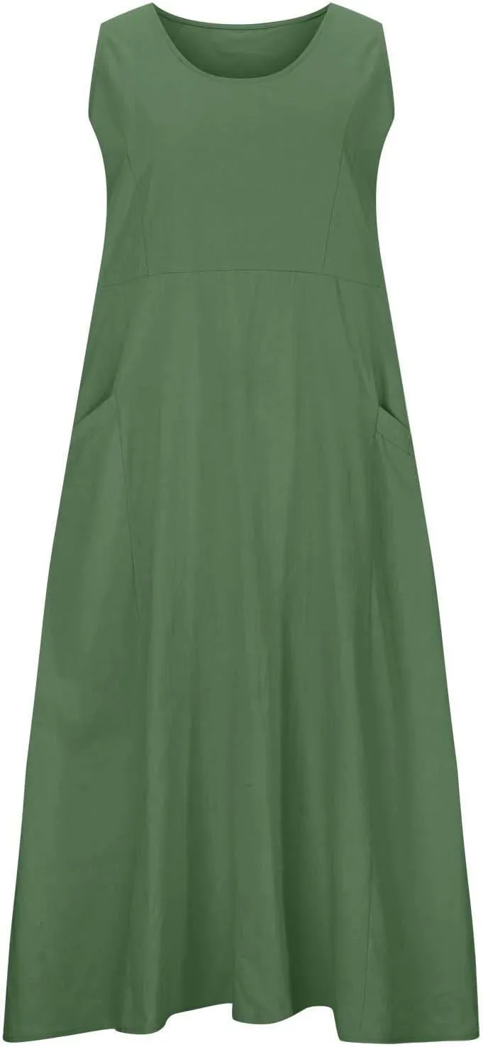 SMIDOW Cotton Linen Long Dresses for Women Casual Summer 2023 Beach Flowy Tshirt Sundress Sleeveless Tank Dress with Pockets