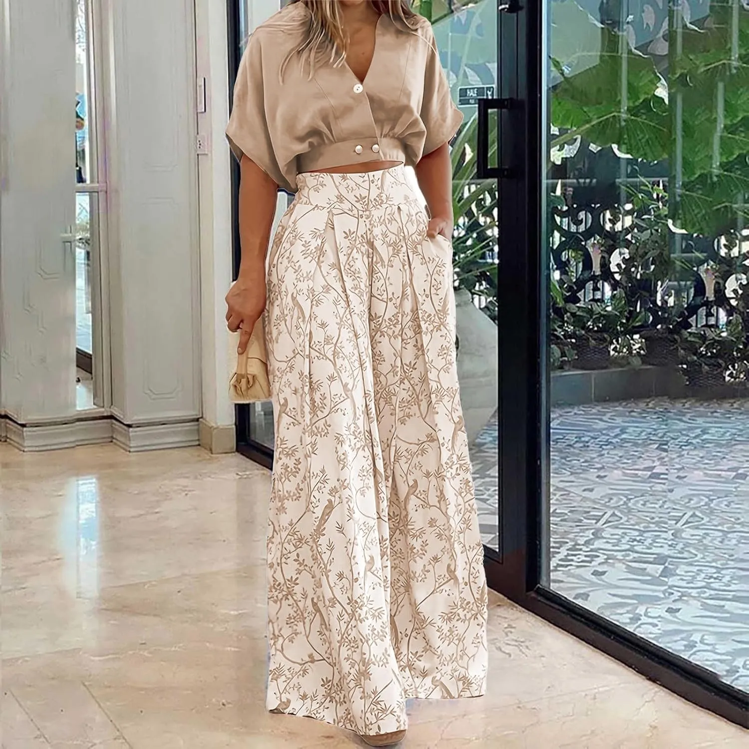 Summer 2 Piece Sets Women Casual Short Sleeve Tops Matching Print Wide Leg Pants Set Business Suit Boho Lounge Sets