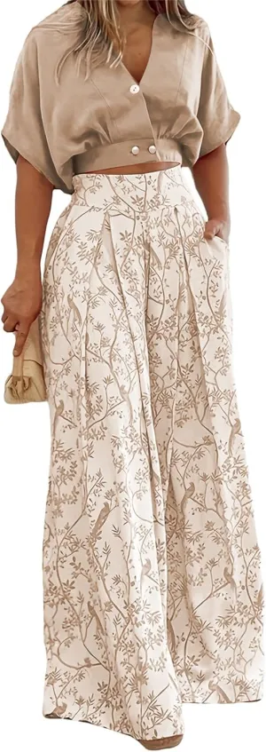Summer 2 Piece Sets Women Casual Short Sleeve Tops Matching Print Wide Leg Pants Set Business Suit Boho Lounge Sets
