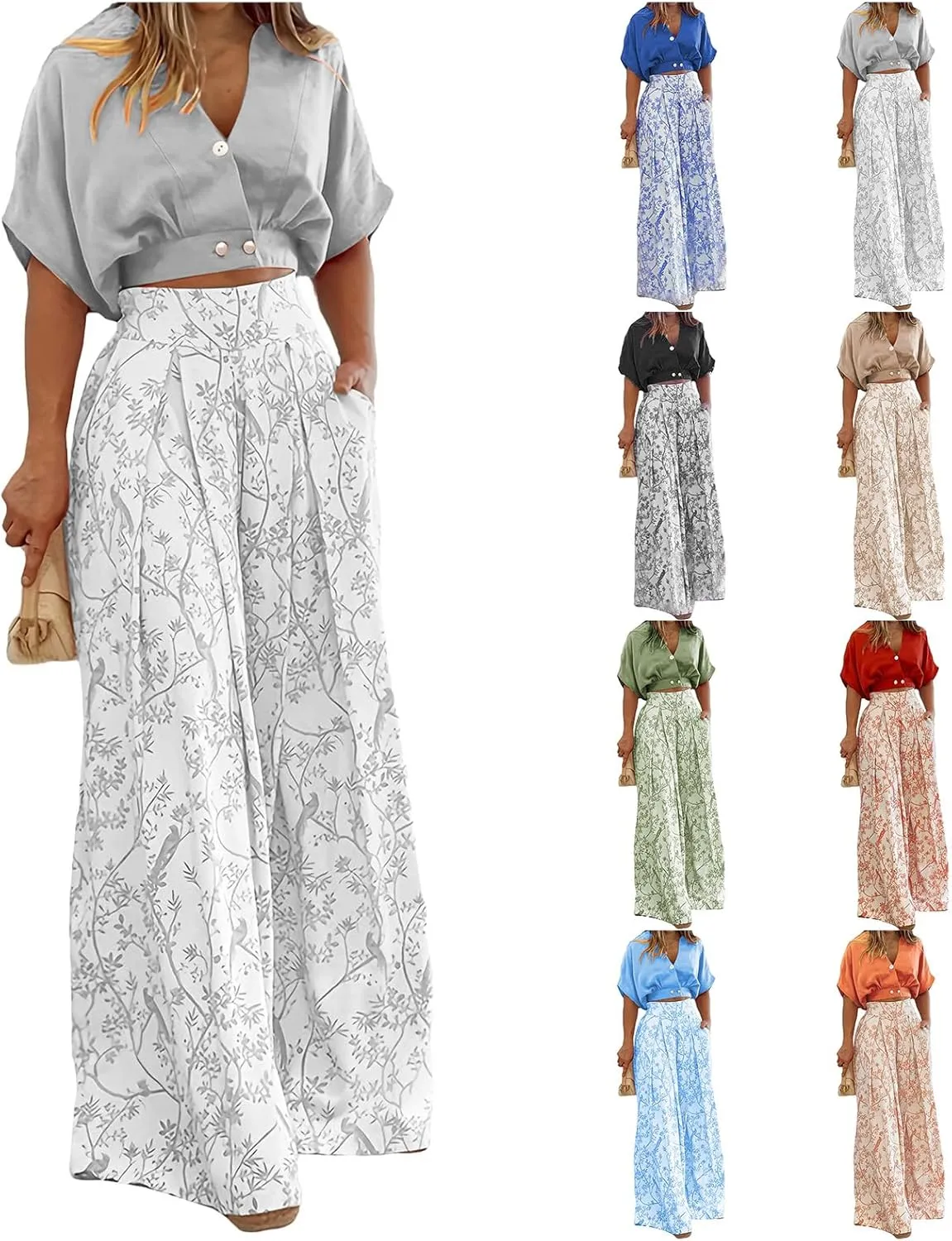 Summer 2 Piece Sets Women Casual Short Sleeve Tops Matching Print Wide Leg Pants Set Business Suit Boho Lounge Sets