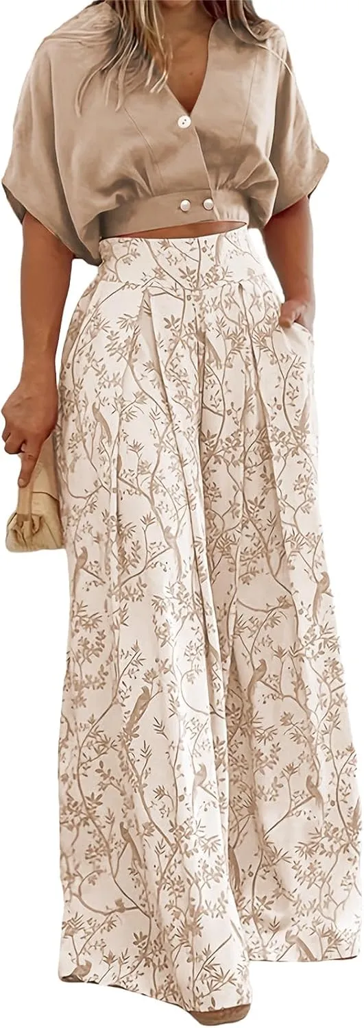 Summer 2 Piece Sets Women Casual Short Sleeve Tops Matching Print Wide Leg Pants Set Business Suit Boho Lounge Sets