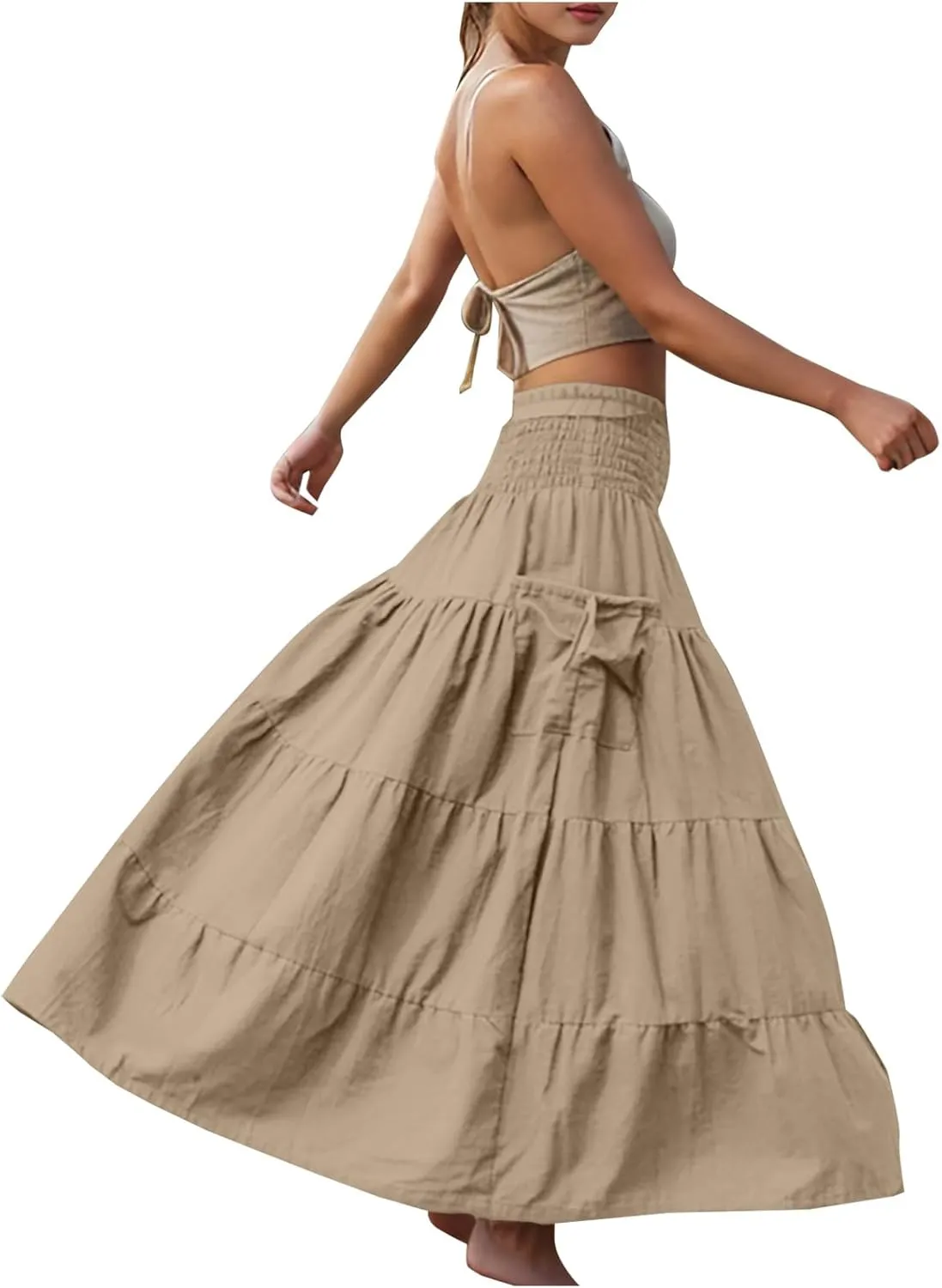 Summer Skirts for Women Cotton Beach Vacation Tiered Maxi Skirt Elastic High Waist Flowy Pleated Ruffle A Line Skirt