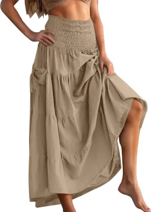 Summer Skirts for Women Cotton Beach Vacation Tiered Maxi Skirt Elastic High Waist Flowy Pleated Ruffle A Line Skirt