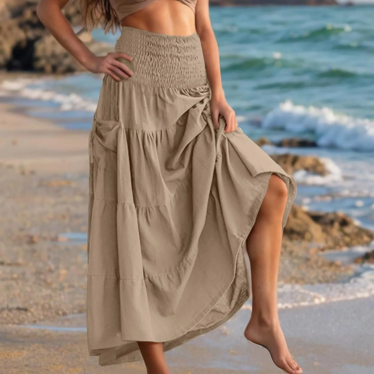 Summer Skirts for Women Cotton Beach Vacation Tiered Maxi Skirt Elastic High Waist Flowy Pleated Ruffle A Line Skirt