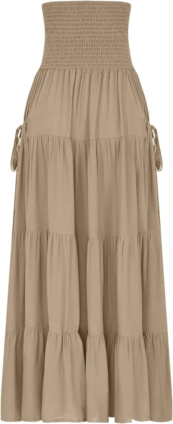 Summer Skirts for Women Cotton Beach Vacation Tiered Maxi Skirt Elastic High Waist Flowy Pleated Ruffle A Line Skirt