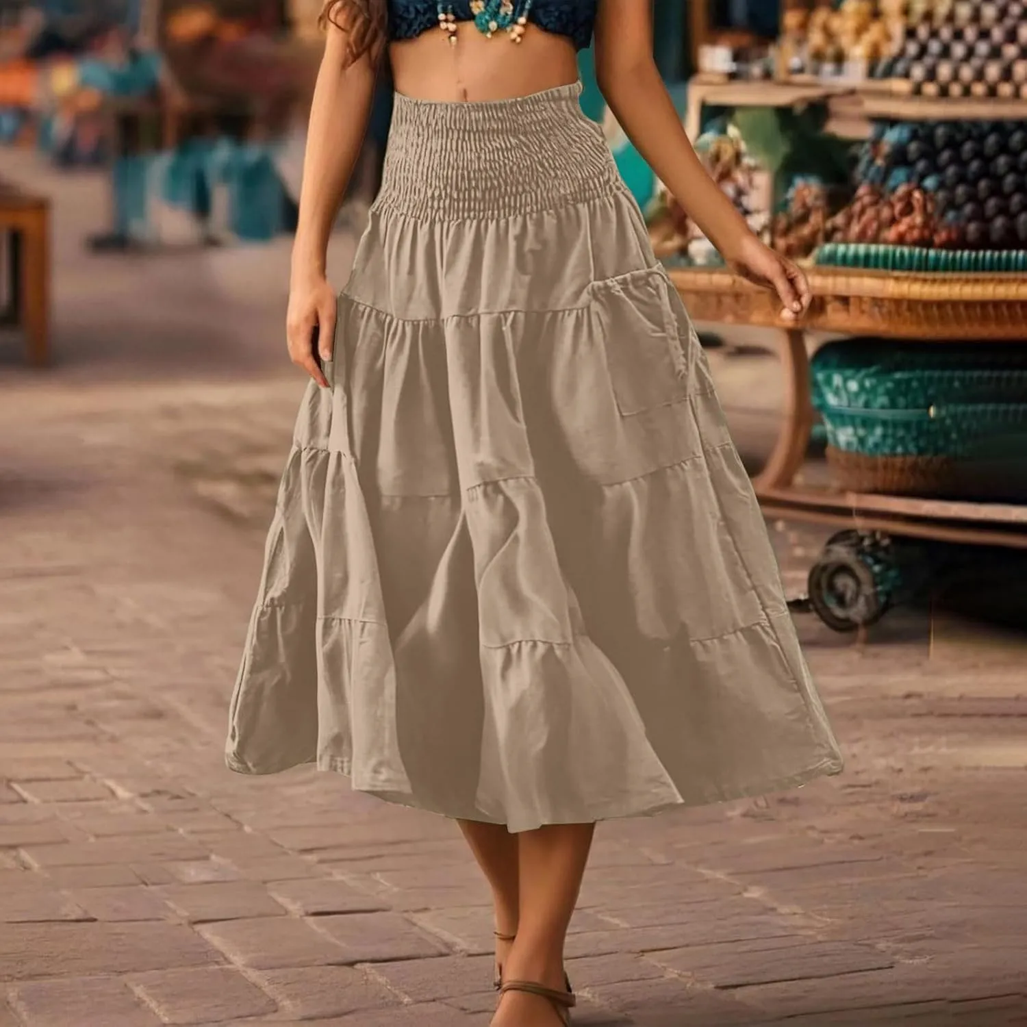 Summer Skirts for Women Cotton Beach Vacation Tiered Maxi Skirt Elastic High Waist Flowy Pleated Ruffle A Line Skirt