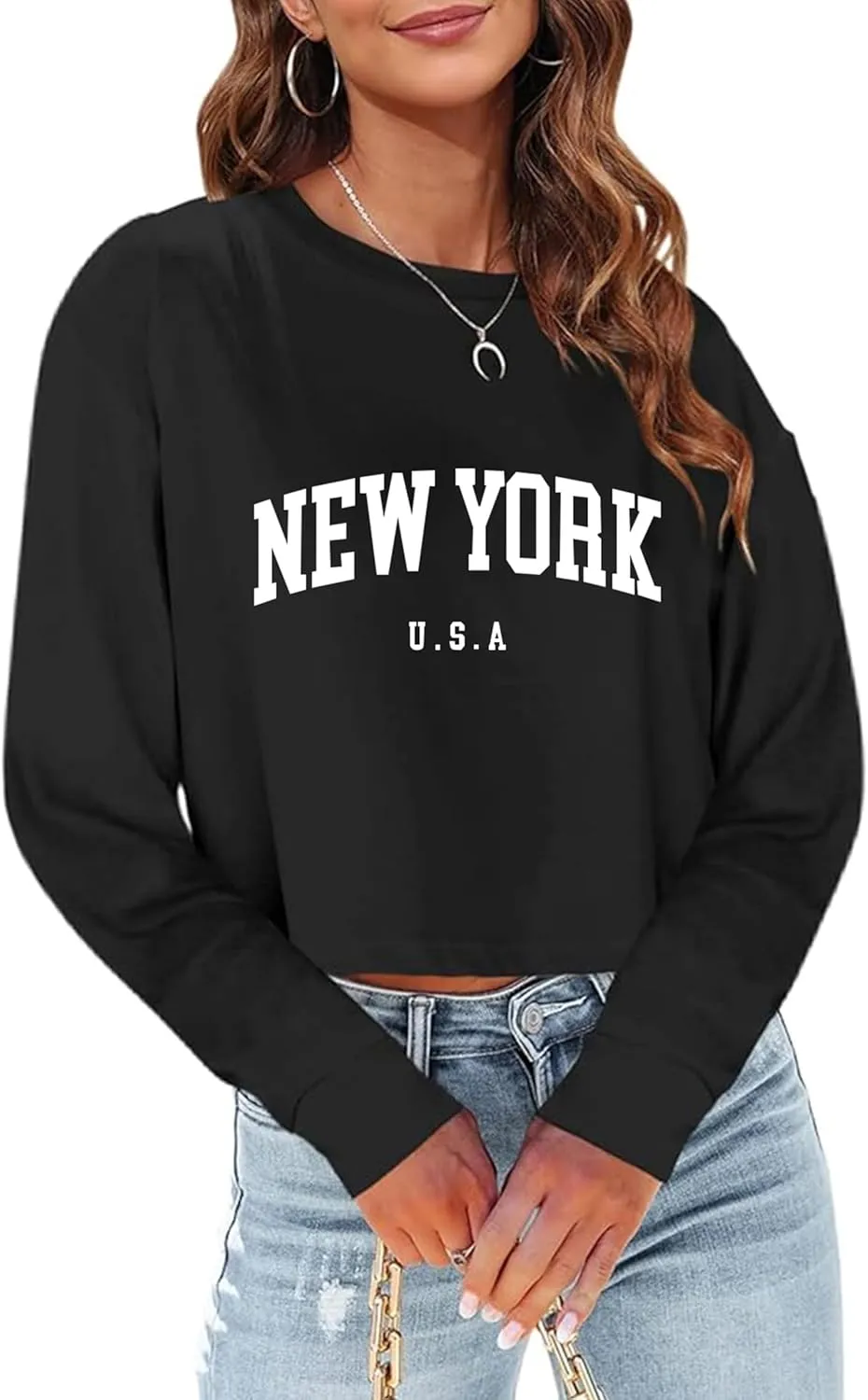 Sumtory Women Long Sleeve Crew Neck Sweat Shirts Loose Fit Letter Print Pullovers Crop Tee Tops